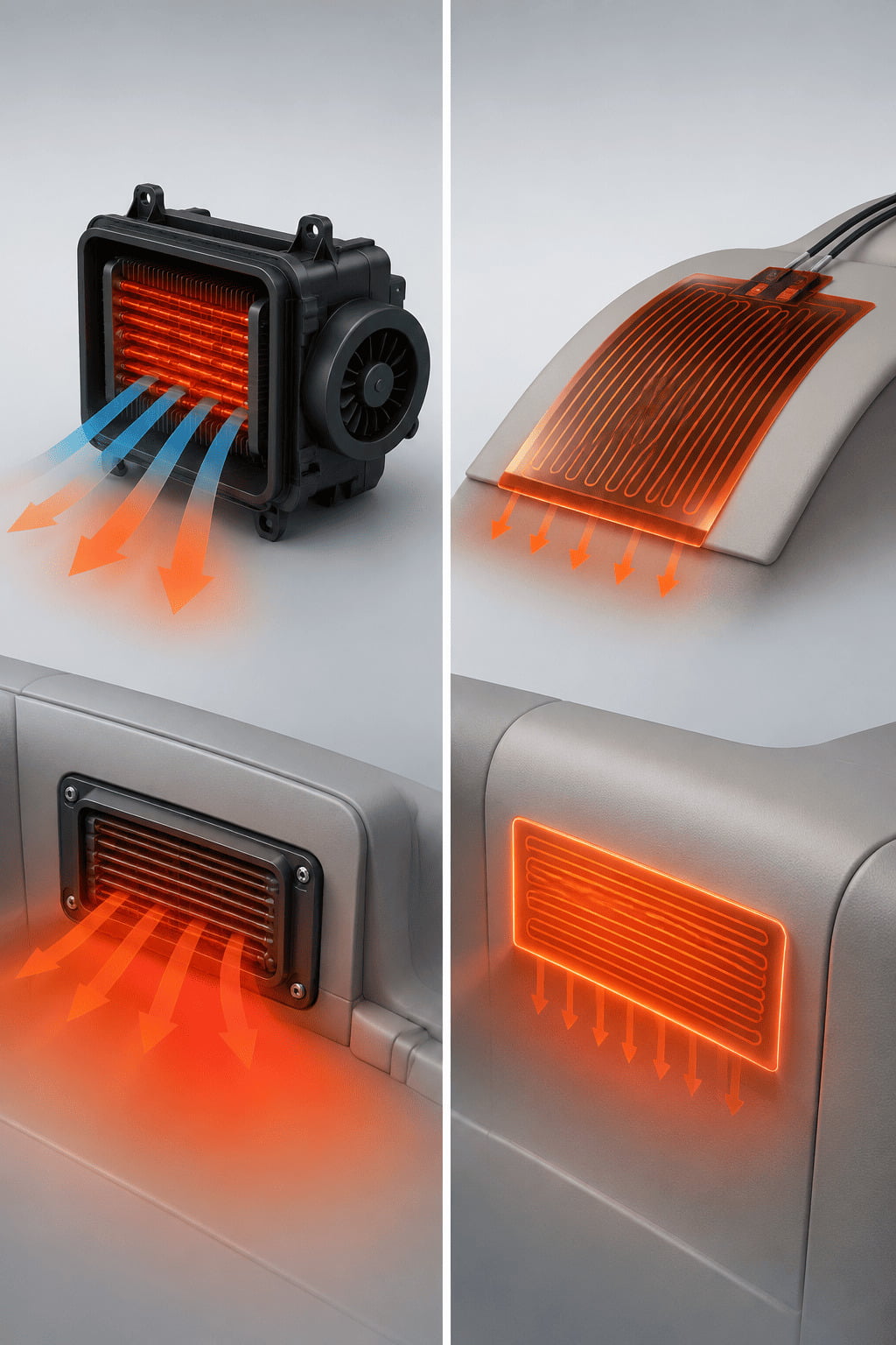 A side-by-side comparison of a traditional heater and a thin film heater.