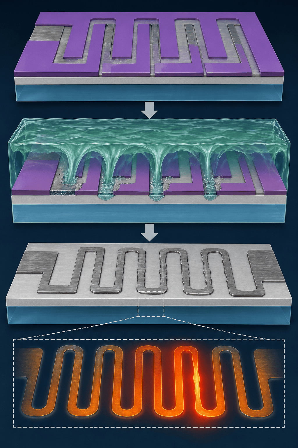 A microscopic view showing the etching lines on a thin film heater circuit.