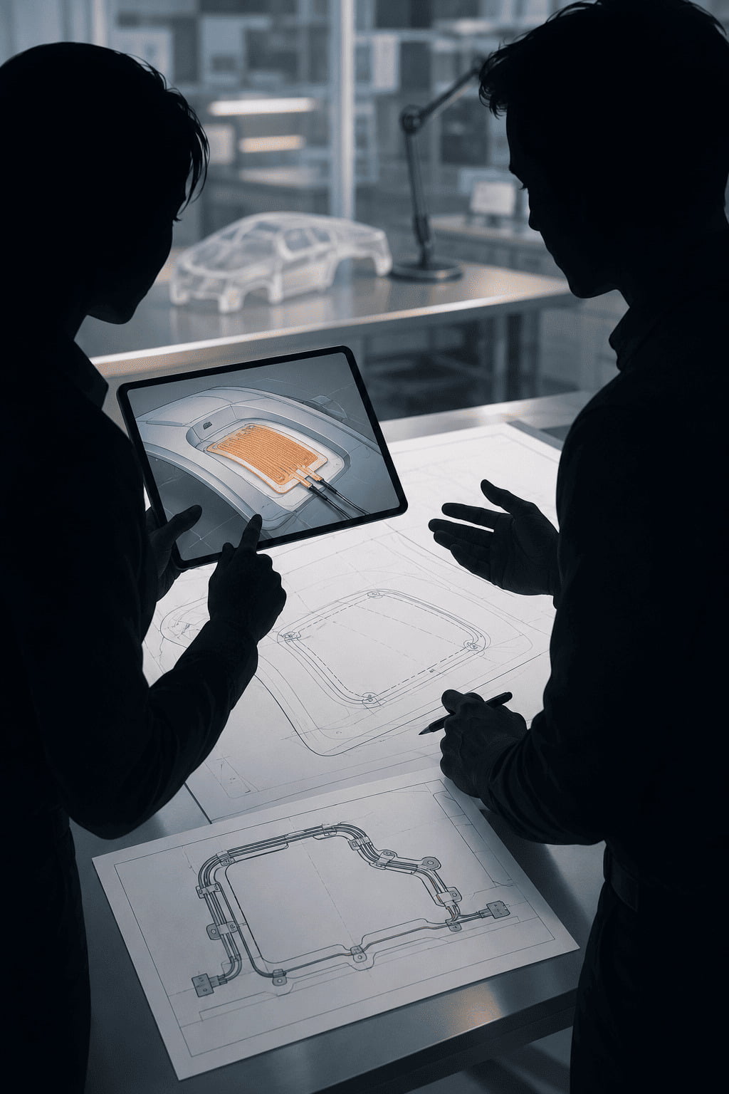 Two engineers, one from a client and one from a supplier, looking over a blueprint together.